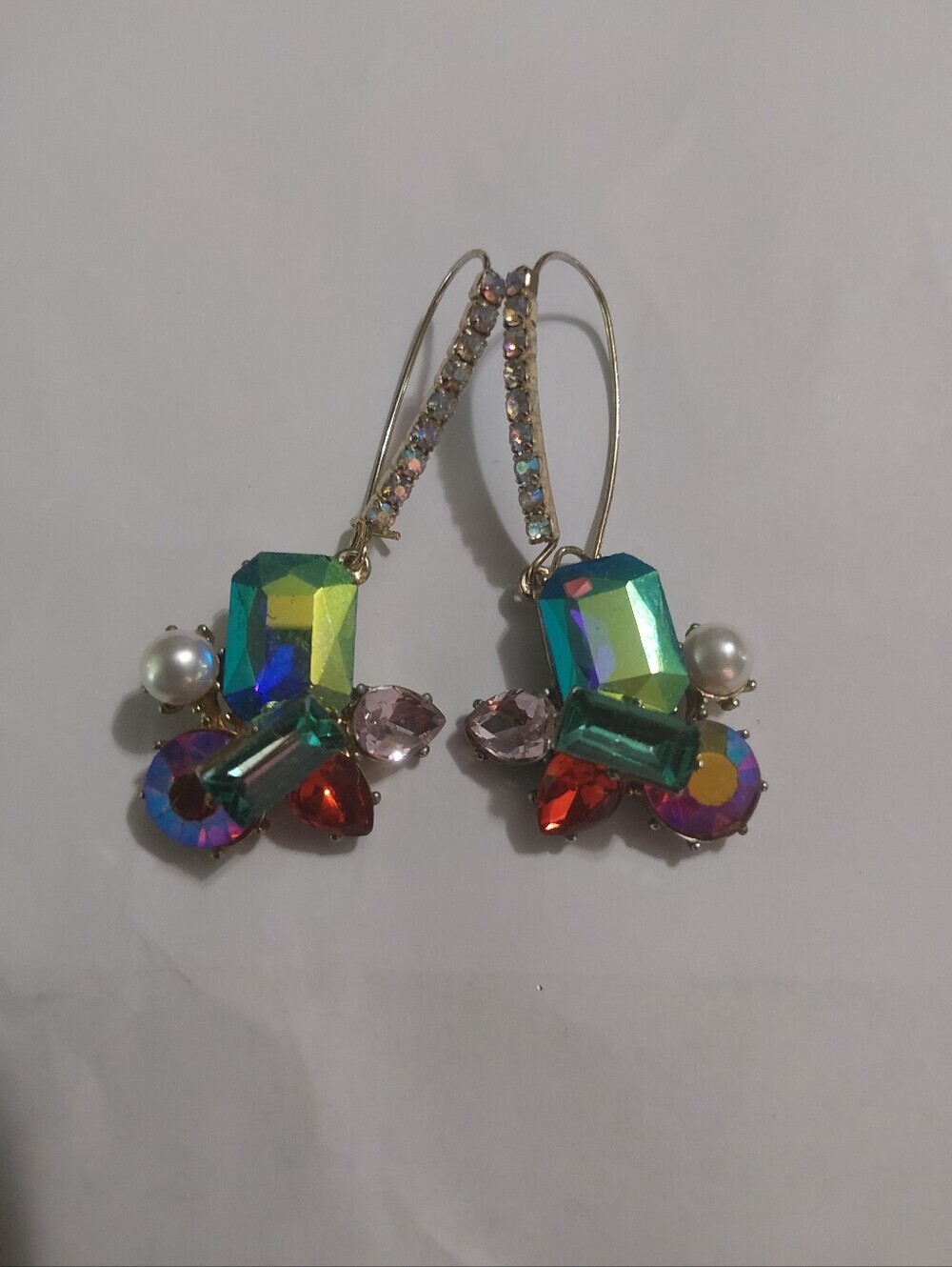 Betsey Johnson Iridescent Multicolor Crystal Drop Earrings with Pearl